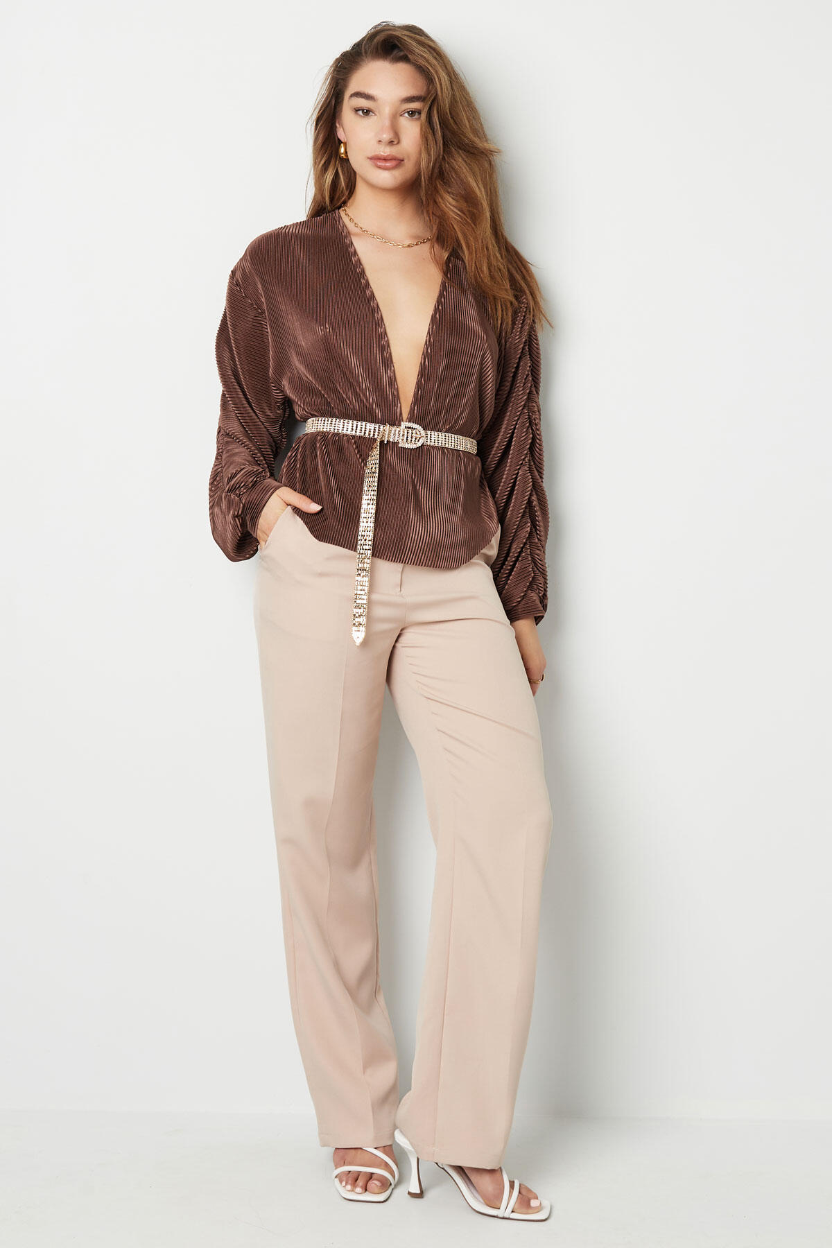 Camisa de Manga Larga para Mujer en Poliéster Cuello en V Profundo Diseño Plisado h5 Imagen5