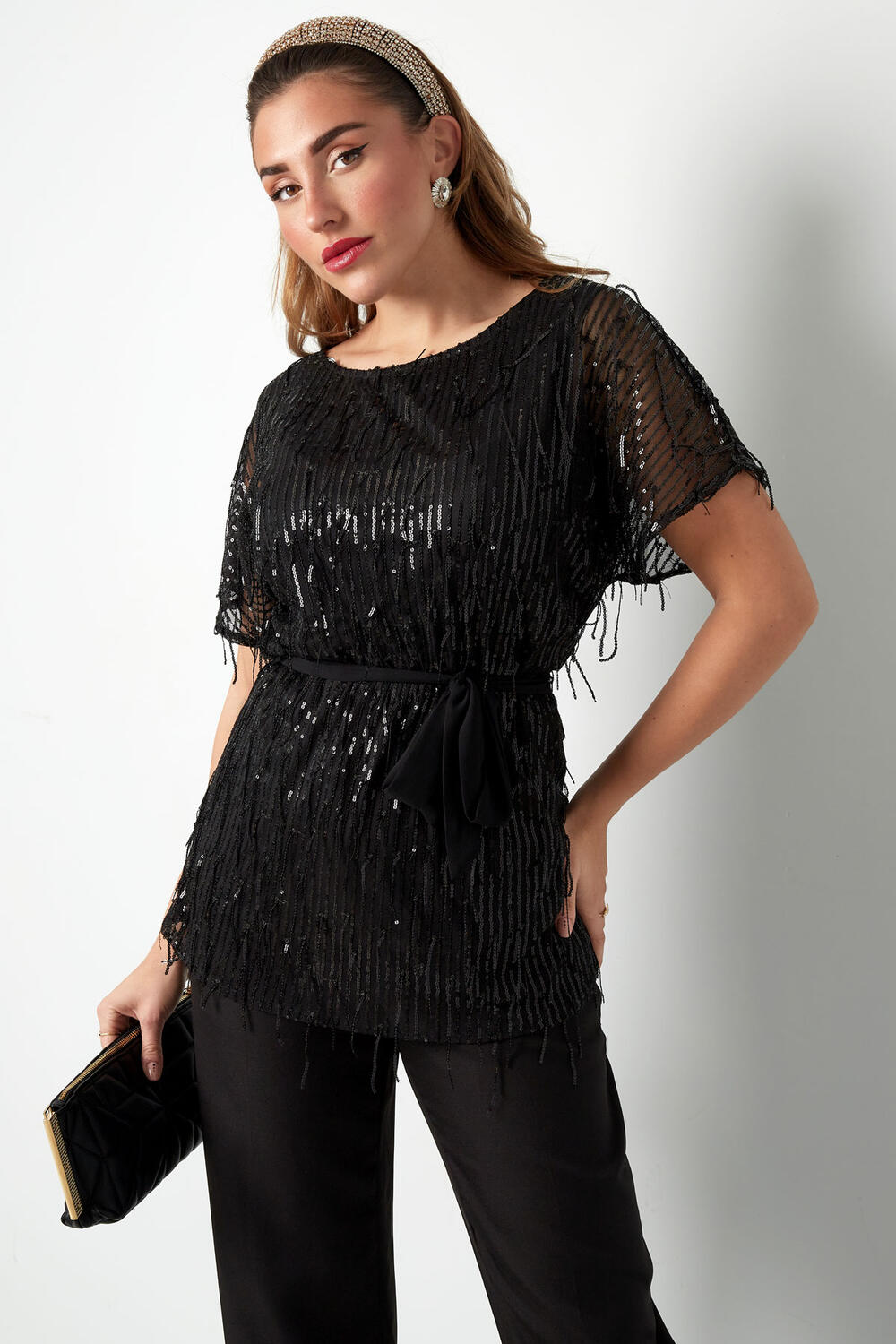 Zwarte Glittertop voor Vrouwen met Tassels en Doorzichtige Mouwen h5Afbeelding2
