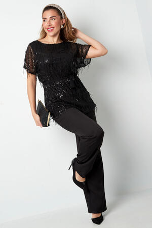 Zwarte Glittertop voor Vrouwen met Tassels en Doorzichtige Mouwen h5 Afbeelding6
