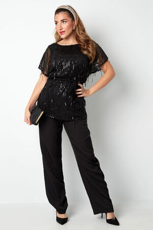 Zwarte Glittertop voor Vrouwen met Tassels en Doorzichtige Mouwen h5 Afbeelding3