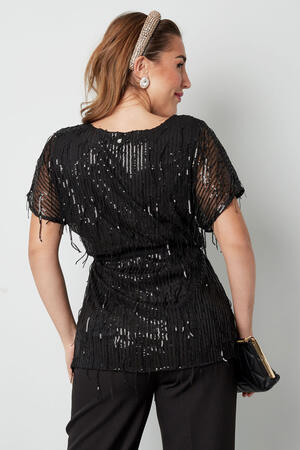 Zwarte Glittertop voor Vrouwen met Tassels en Doorzichtige Mouwen h5 Afbeelding9