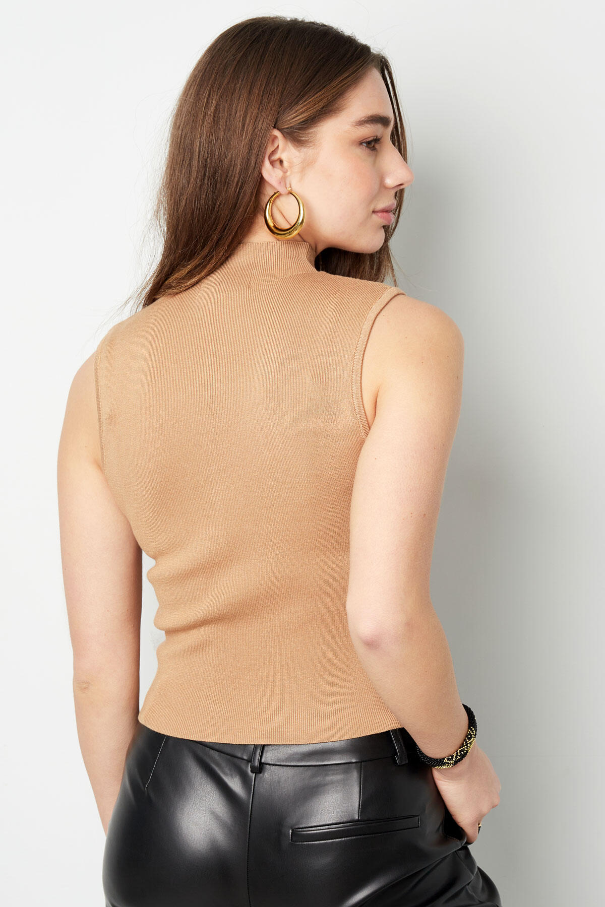 Damen-Sleeveless-Pullover Mit Stehkragen Und Rippstrick In Beige h5 Bild6
