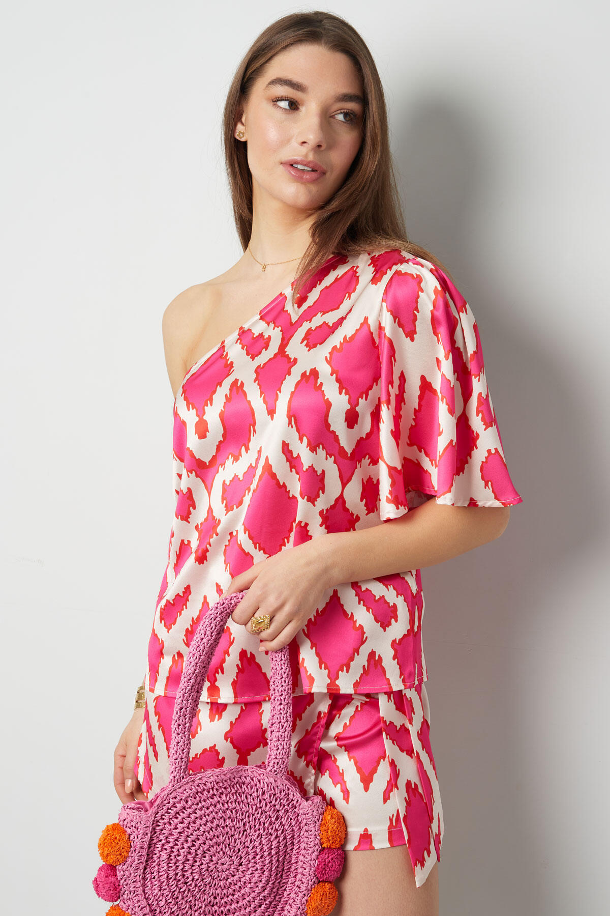 Polyester Women's One Shoulder Short Sleeve Top Geometric Print h5 Picture5