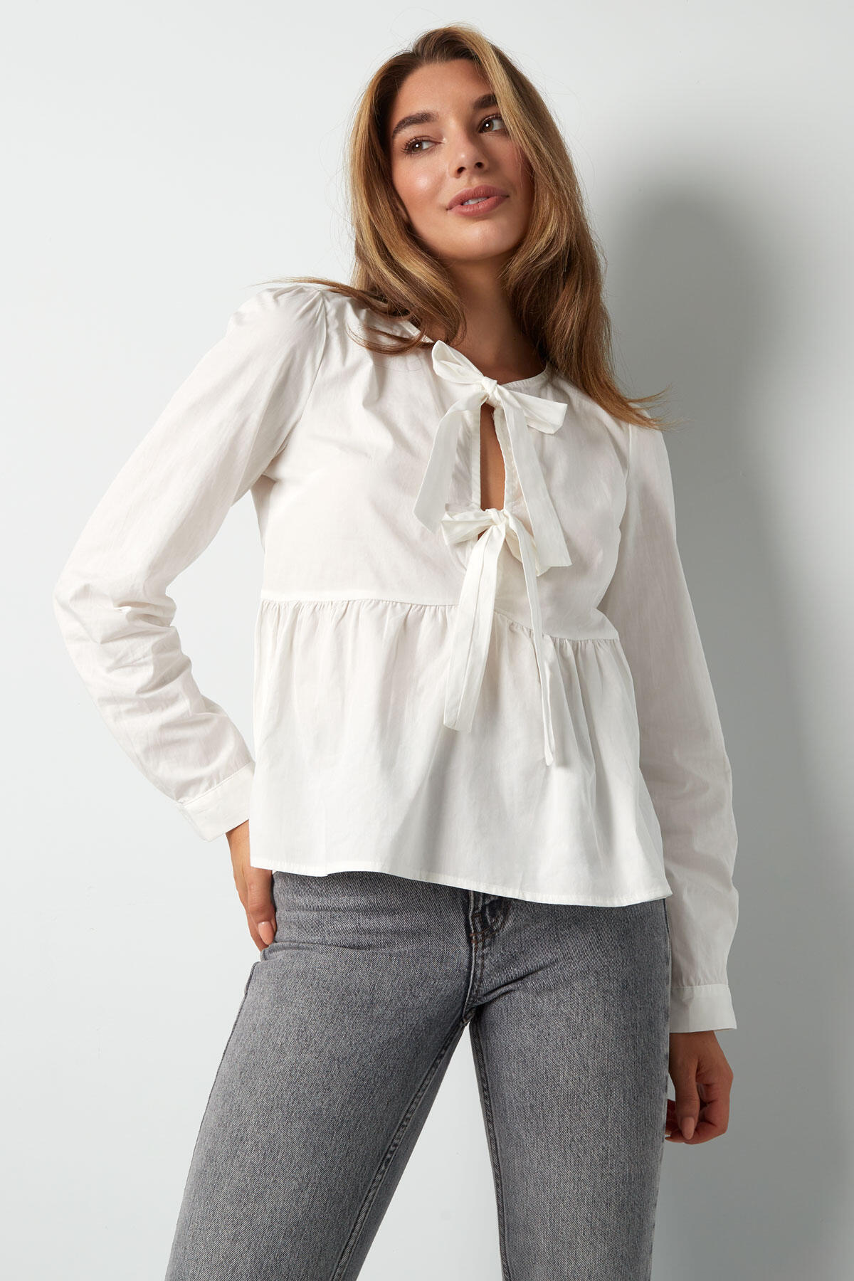 Cotton Women's Long Sleeve Top Peplum Neck Tie Detail Picture6