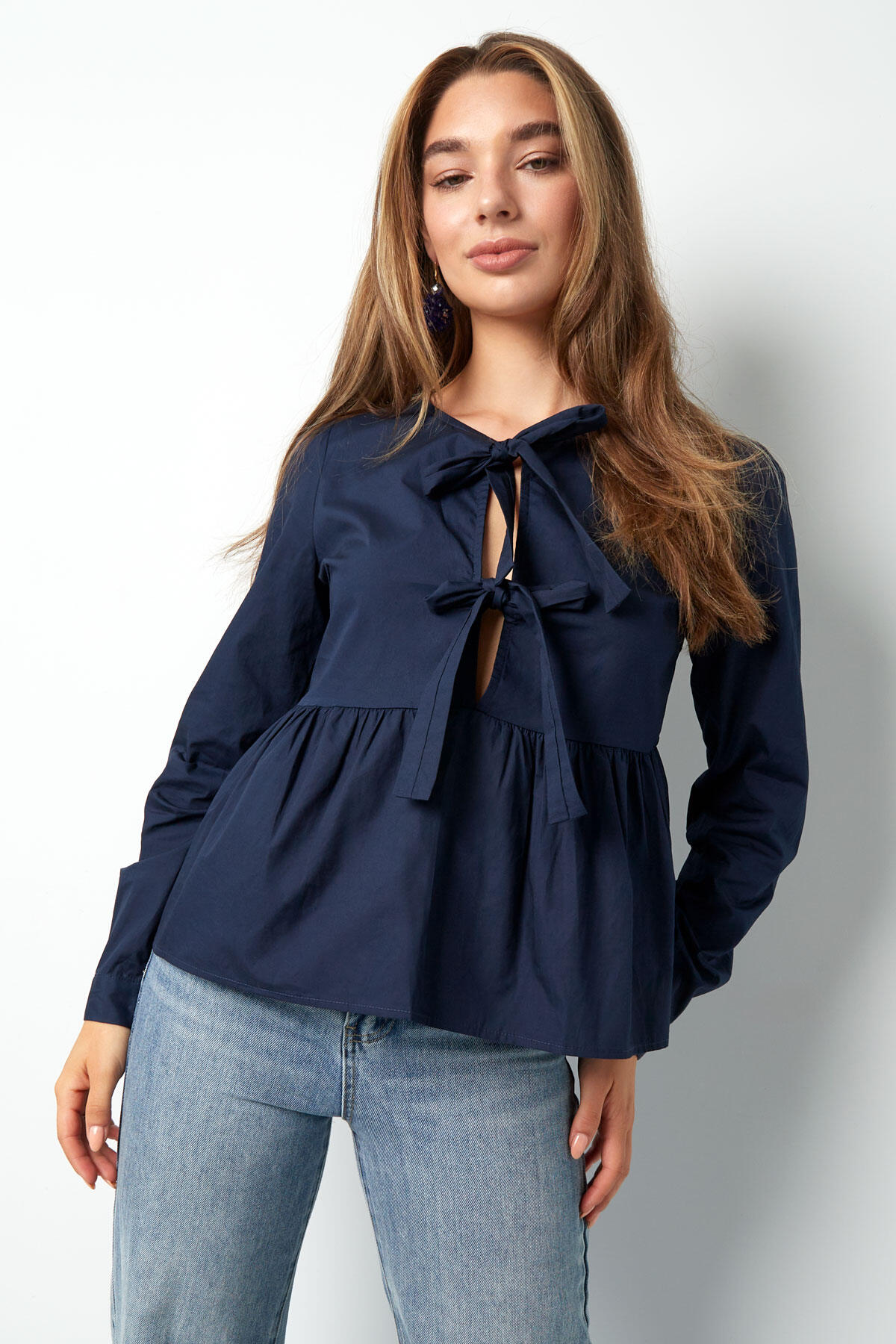 Coton Femmes Haut Manches Longues Peplum Détail Nœud au Cou