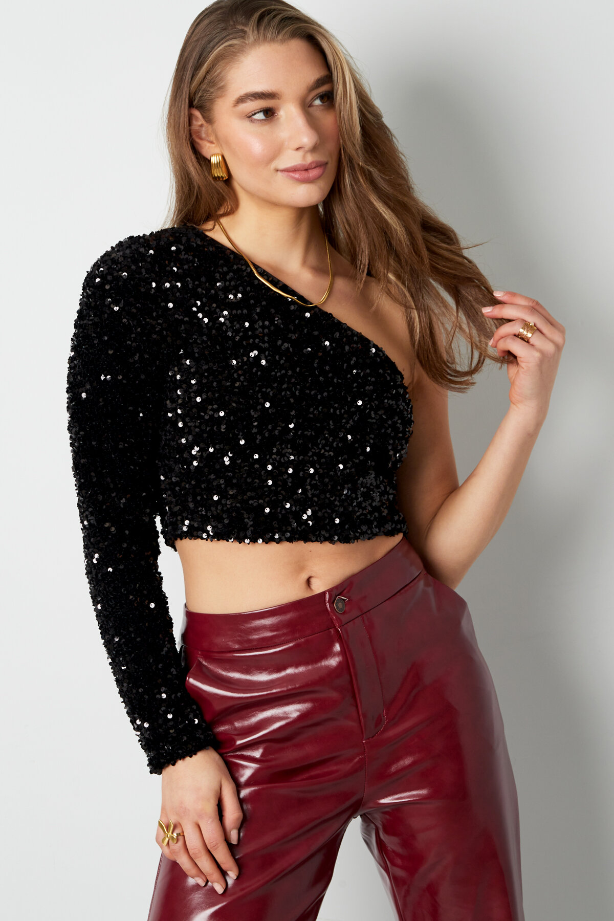 Poliestere Paillettes Donna Top a Spalla Singola Senza Maniche Effetto Lucido