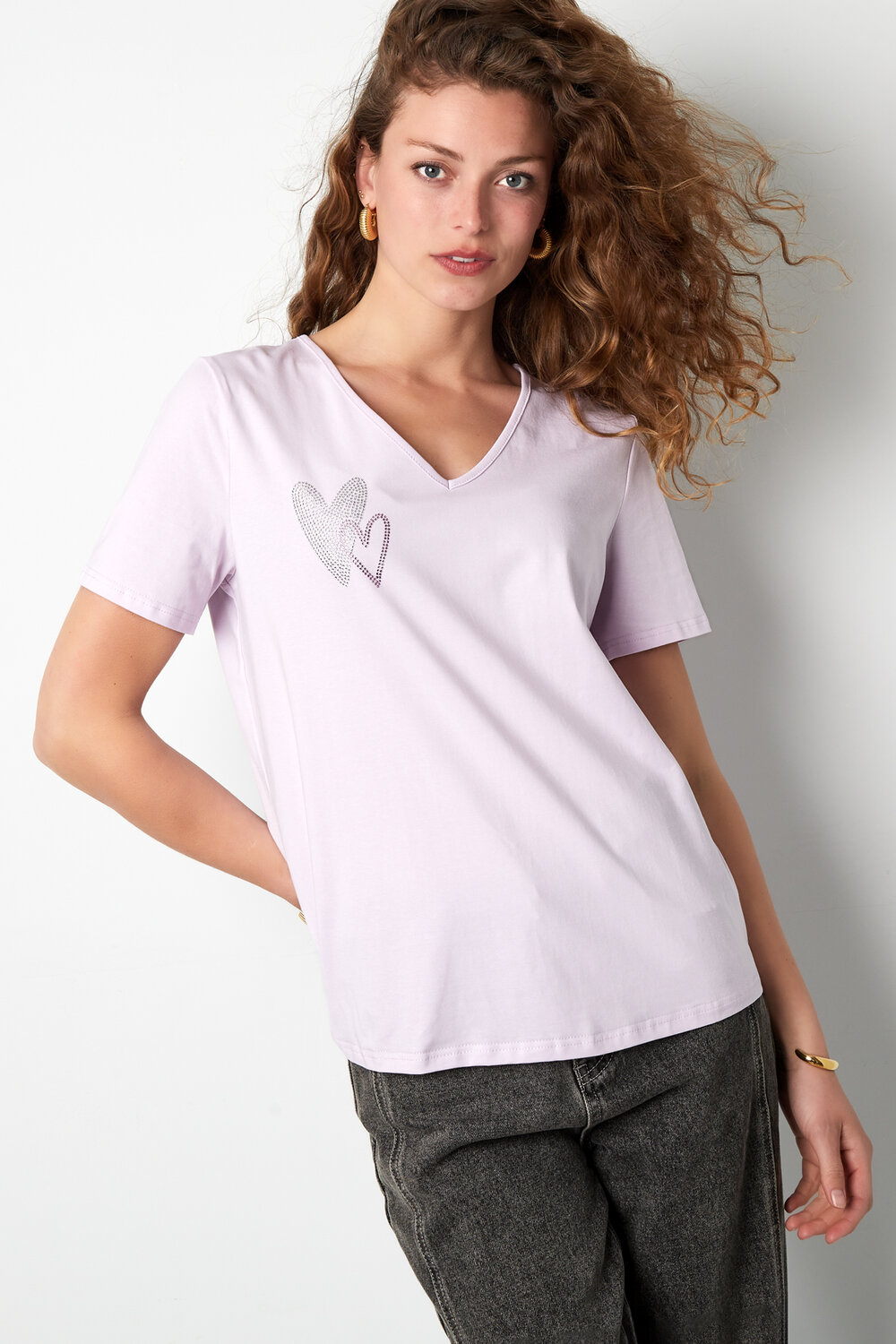 Cotton Women's V-Neck T-Shirt Embroidered Heart Design h5Picture2