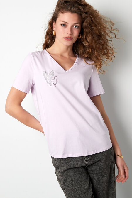 Coton T-Shirt Femme Col V Motif Cœur Brodé