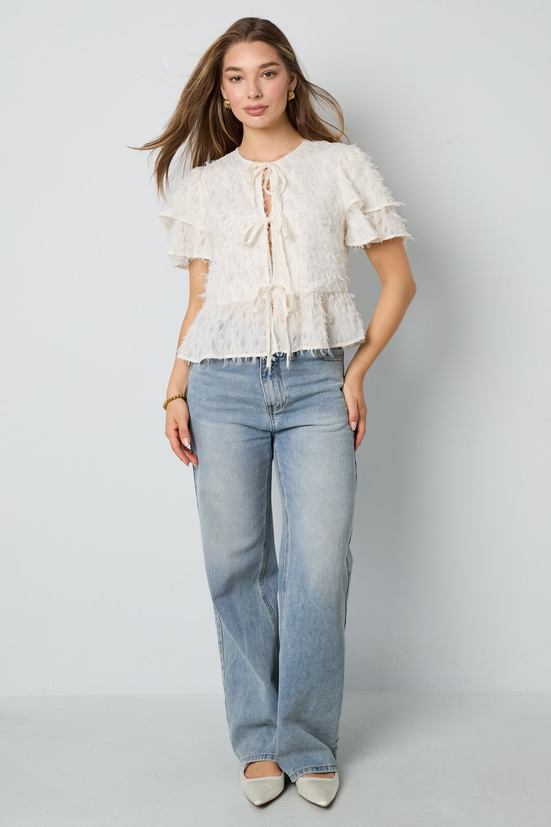 Woven Polyester Fiber Women's Short Sleeve Tops Elegant Tie-up Solid Color Picture5