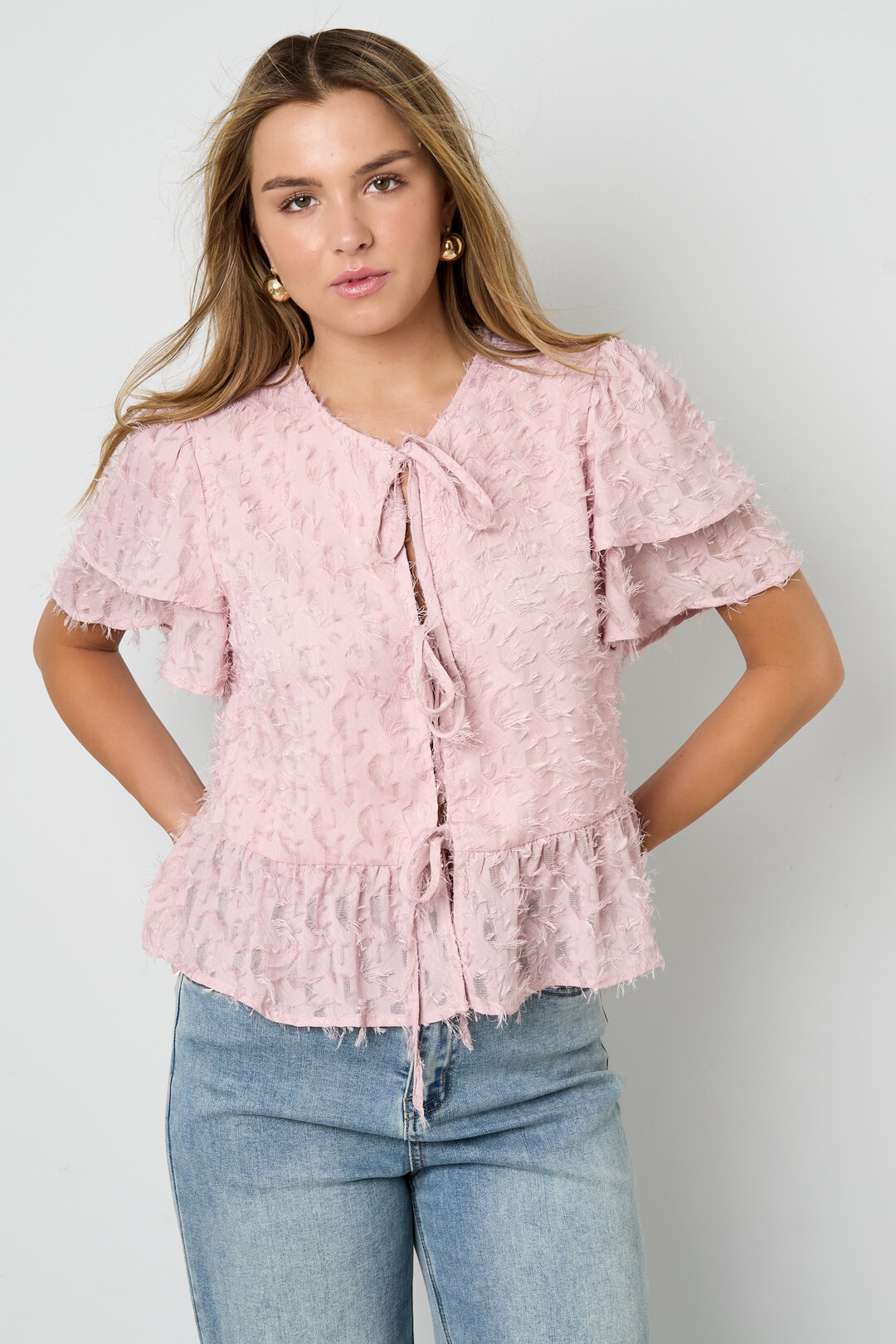 Woven Polyester Fiber Women's Short Sleeve Tops Elegant Tie-up Solid Color Picture10