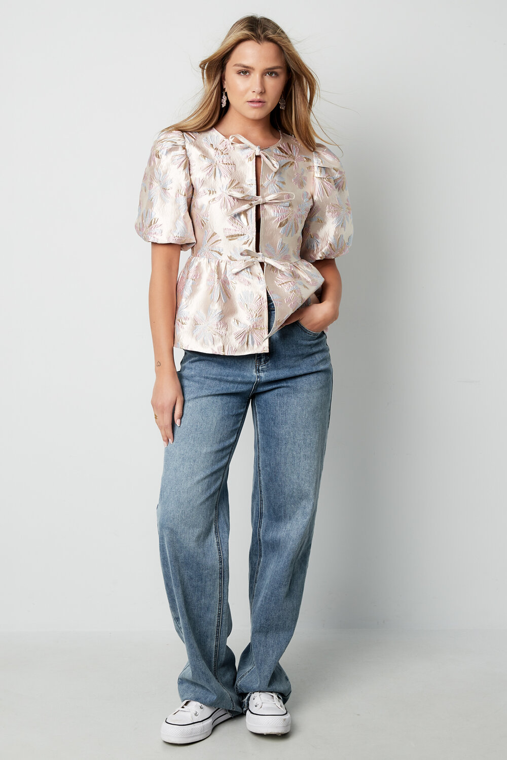 Woven Polyester Fiber Women's Short Sleeve Top Elegant Floral Print h5Picture5