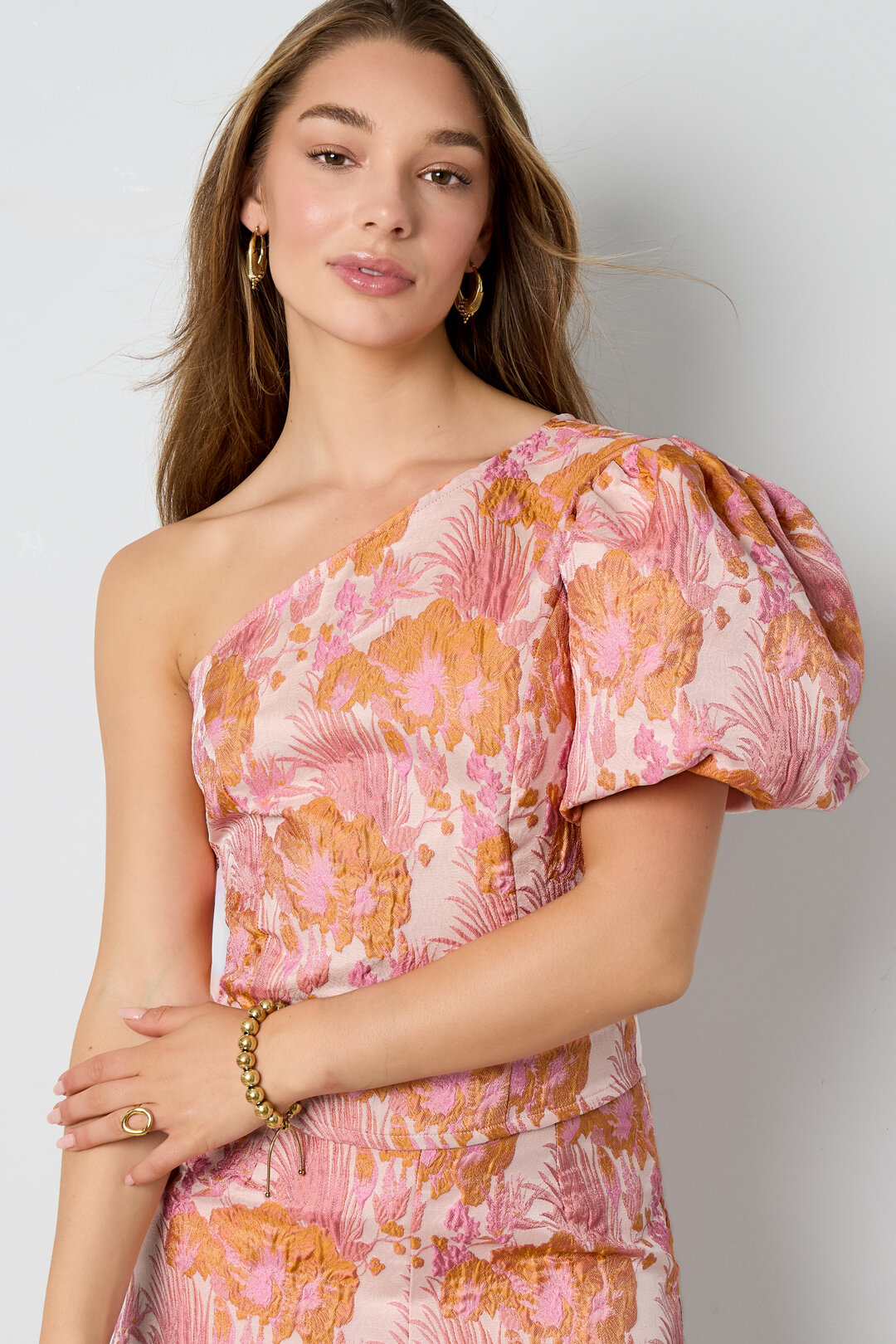 Woven Polyester Fiber Women's One Shoulder Top Elegant Floral Print h5 Picture5