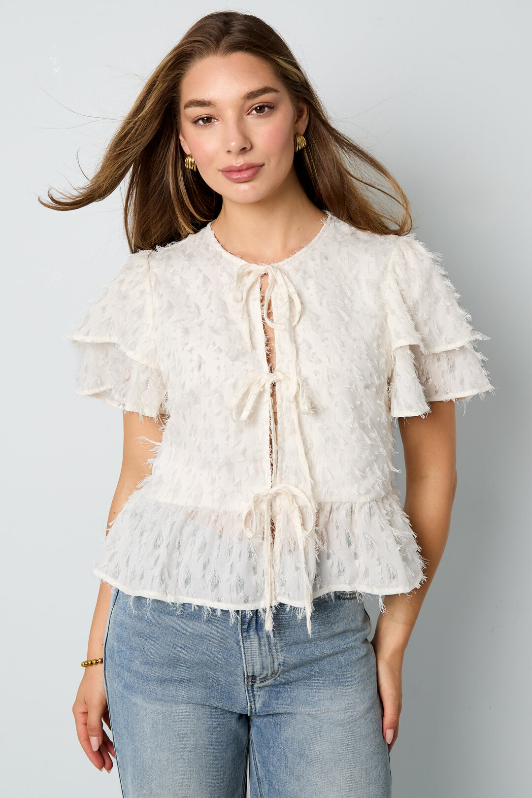 Woven Polyester Fiber Women's Short Sleeve Tops Elegant Tie-up Solid Color Picture4