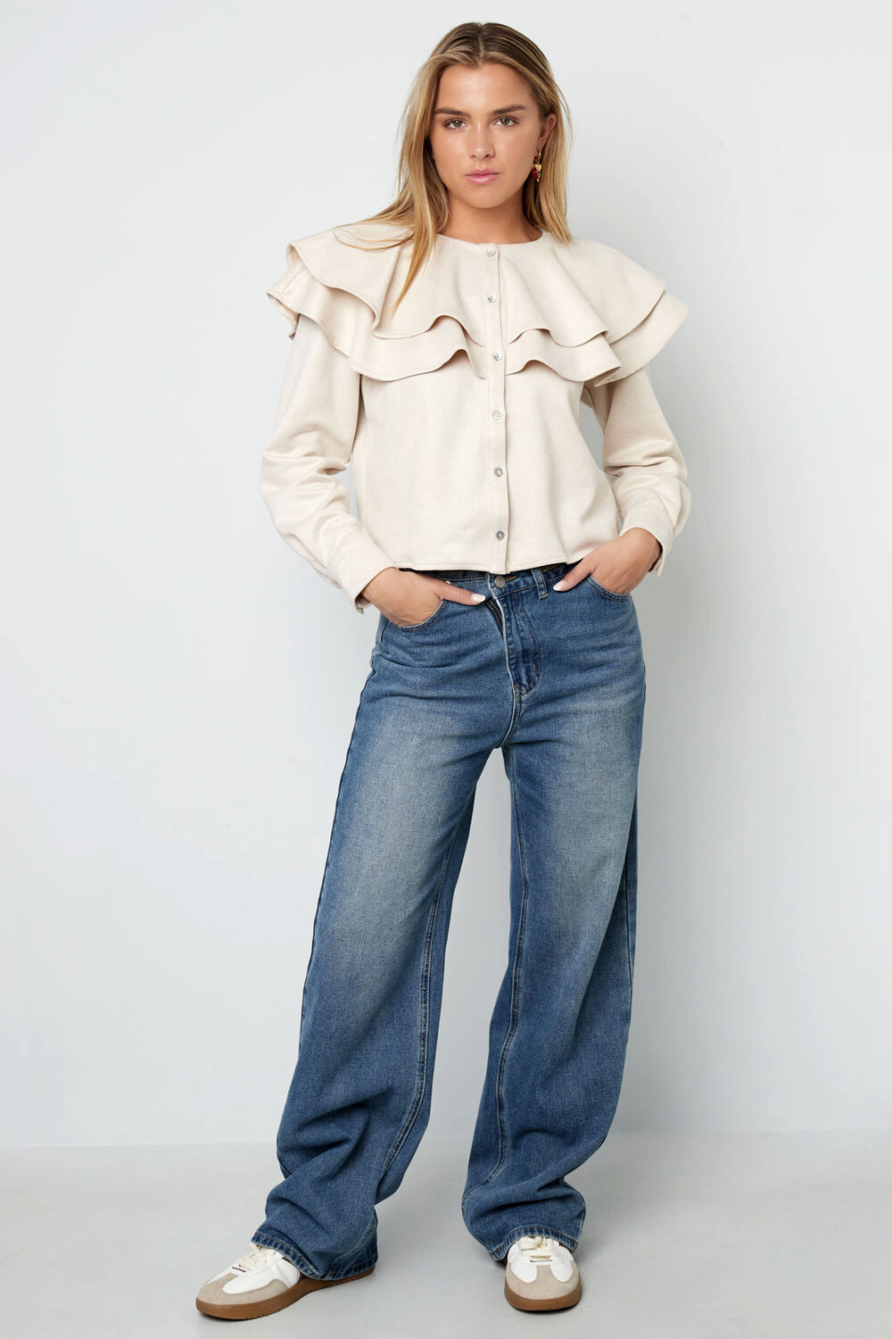 Woven Polyester Fiber Women's Blouse Elegant Ruffle Trim h5Picture5