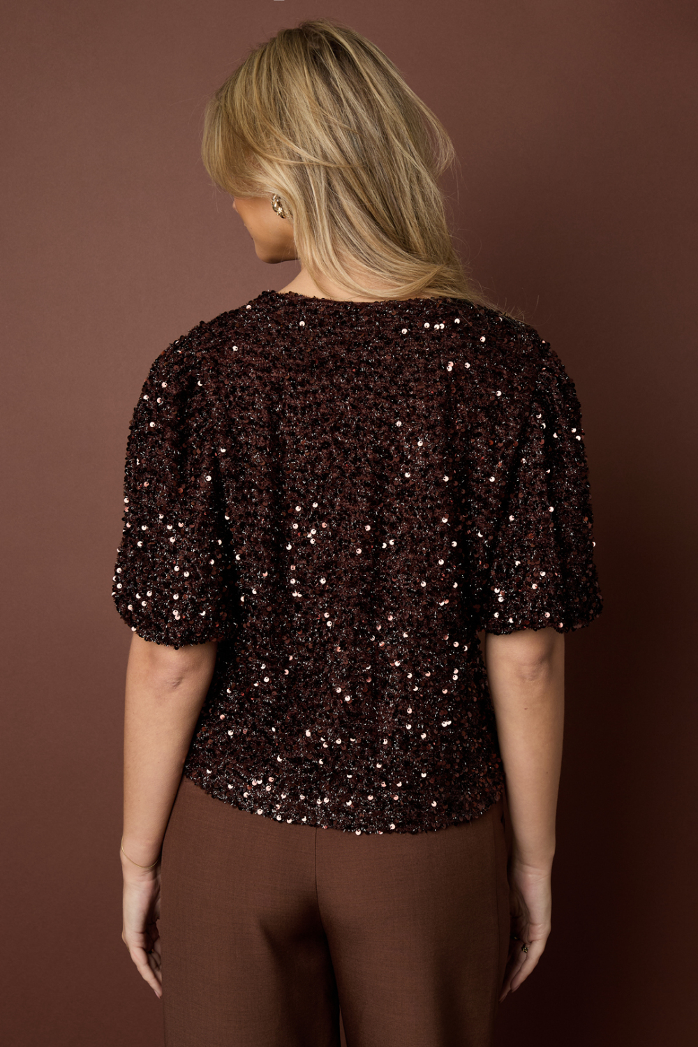 Woven Polyester Fiber Vrouwen Korte Mouwen Tops Elegant Sequins Afbeelding11