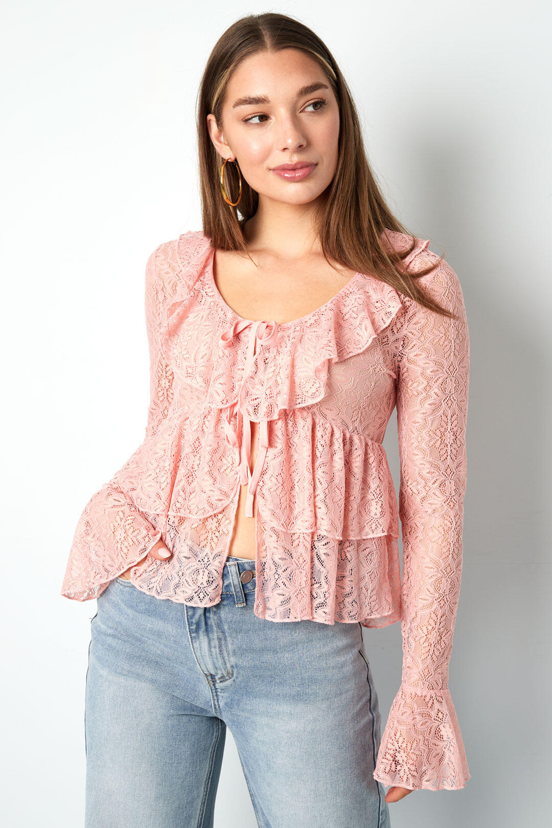 Woven Lace Women's Long Sleeve Top Elegant Ruffle Detail h5Picture7