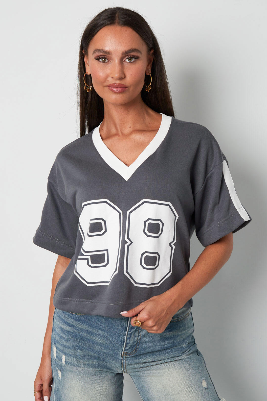 Knitted Cotton Women's V-Neck T-Shirt Sporty Color Clash