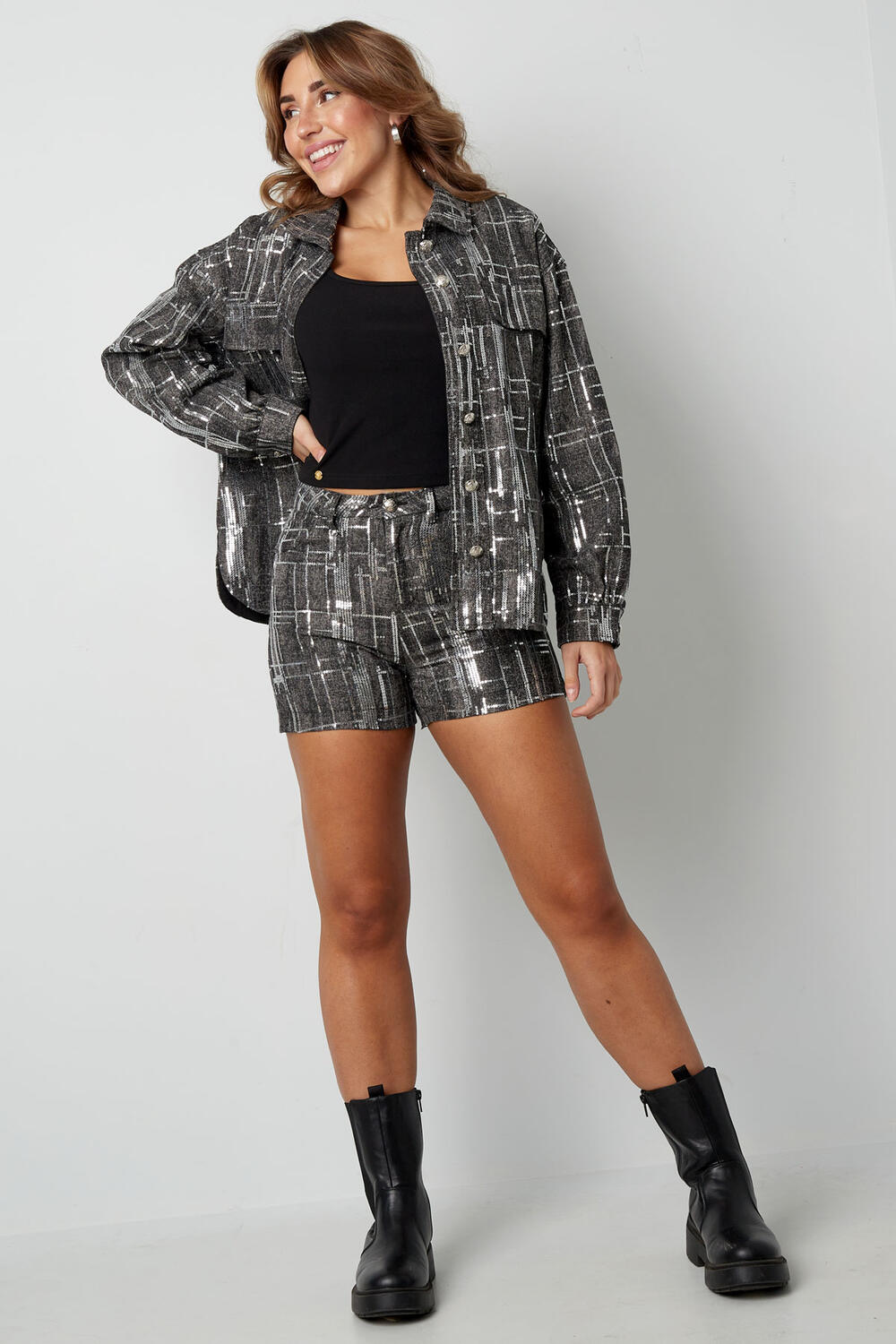 High-Waisted Women's Shorts with Geometric Print in Cotton Blend Fabric h5Picture4