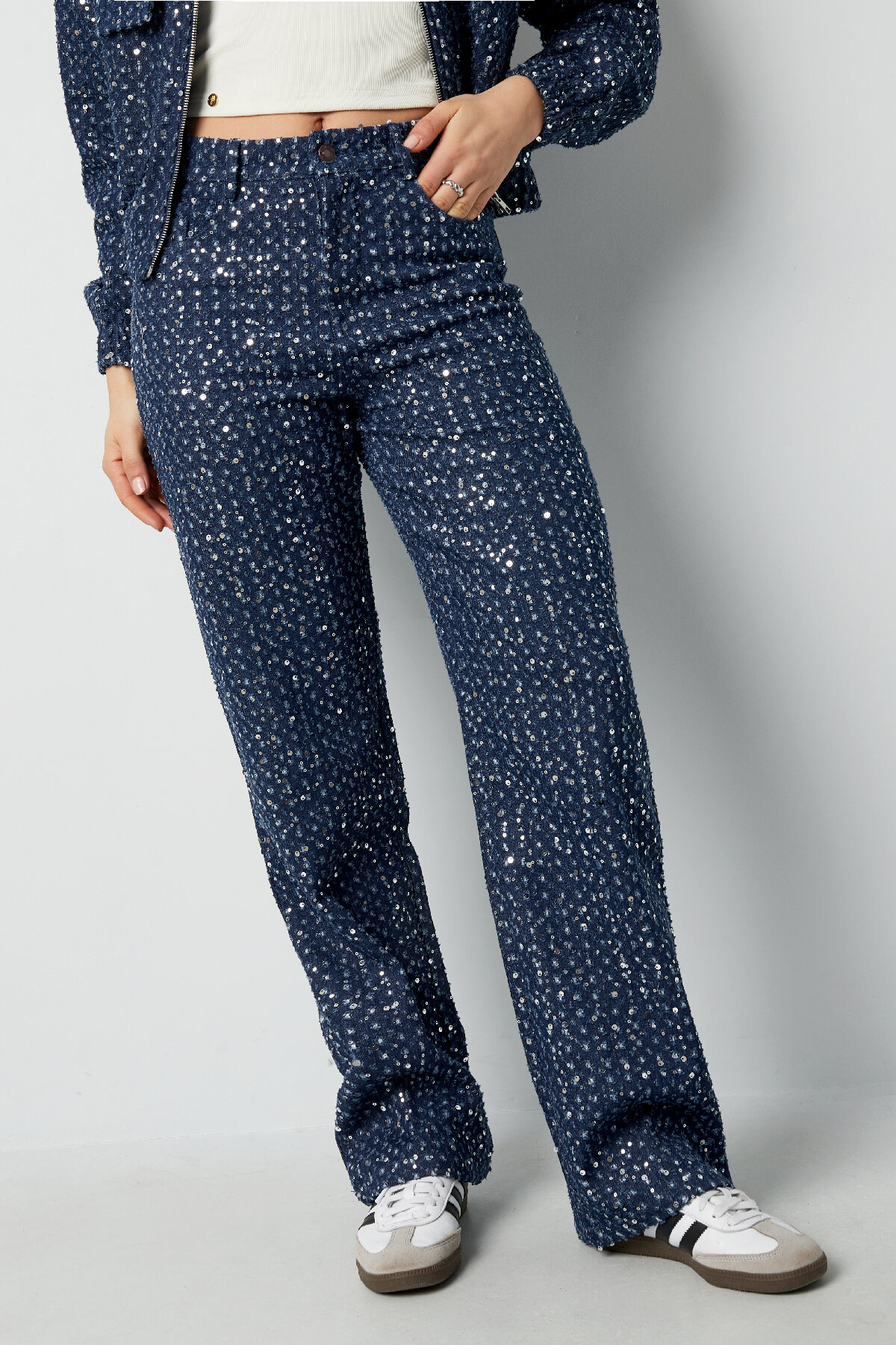 Denim Tissé Pantalon Droit Femme Casual Paillettes