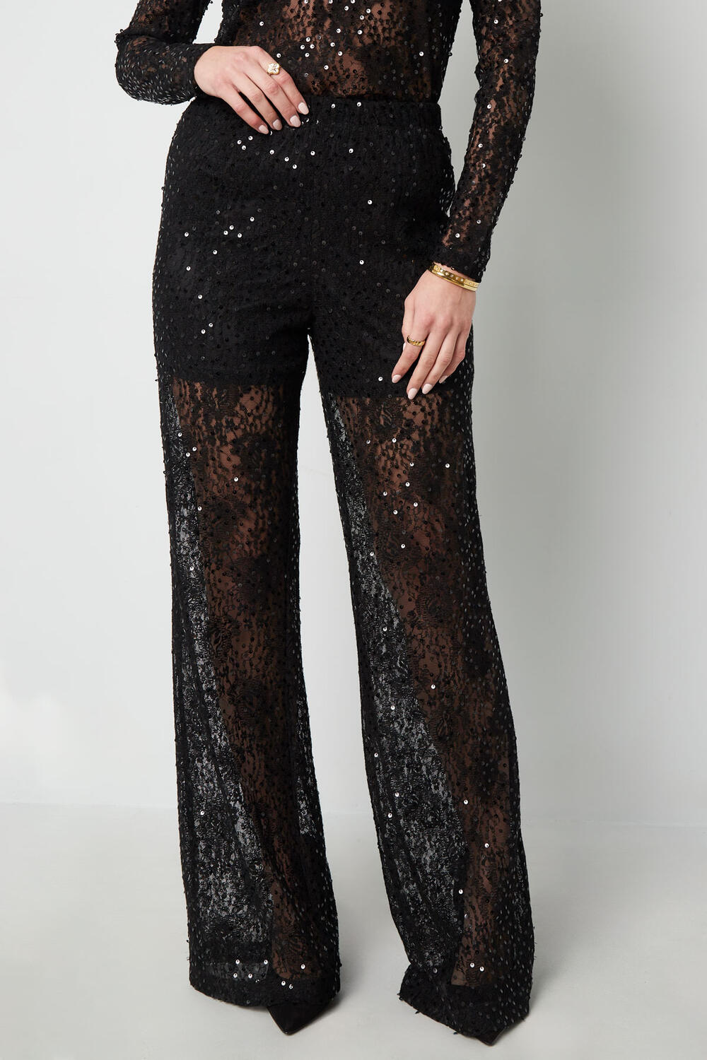 Women's High-Waisted Wide-Leg Sequined Trousers with Mesh Paneling h5Picture2