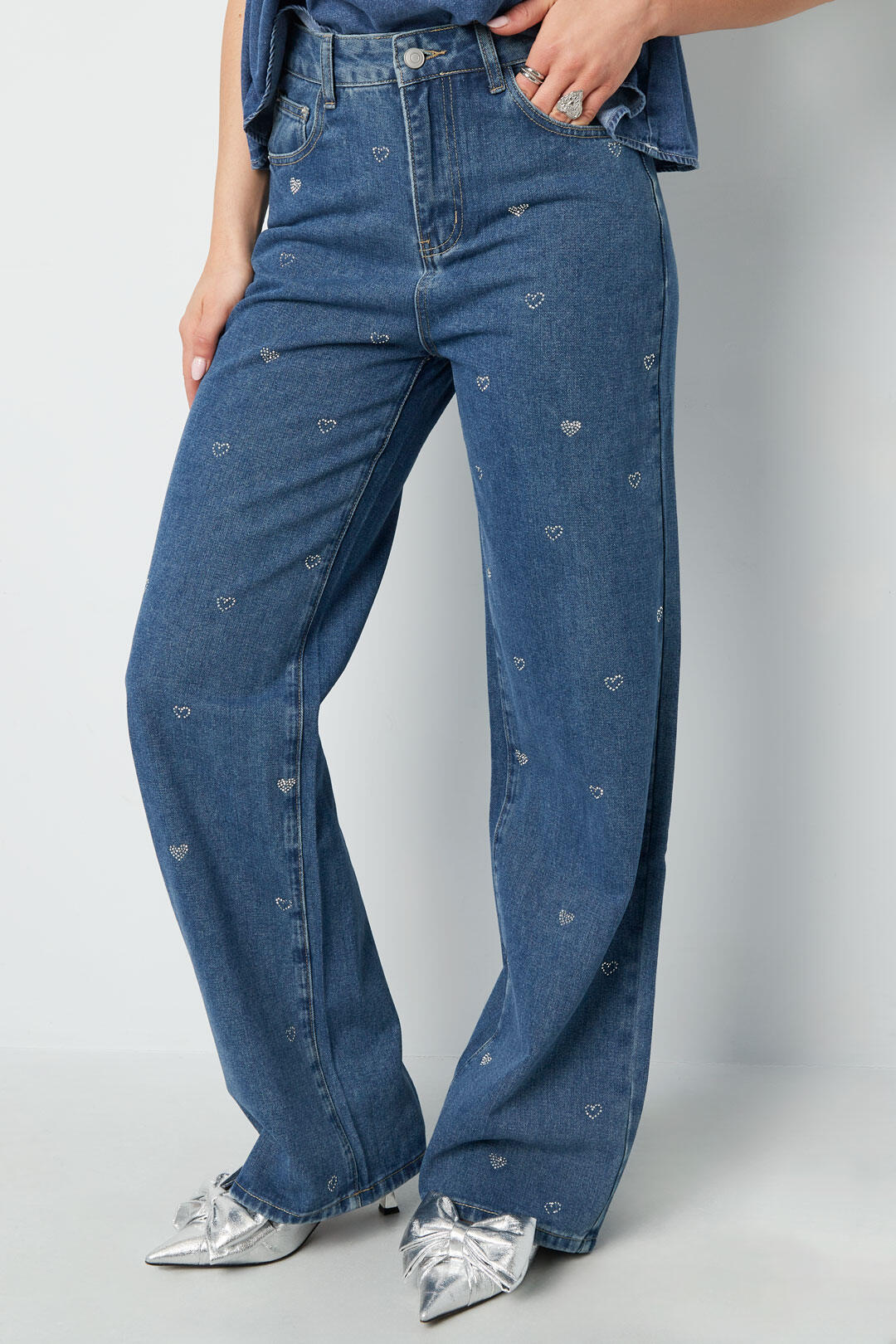 Coton Tissé Femmes Pantalon Droit Jean Broderie Cœur Décontracté