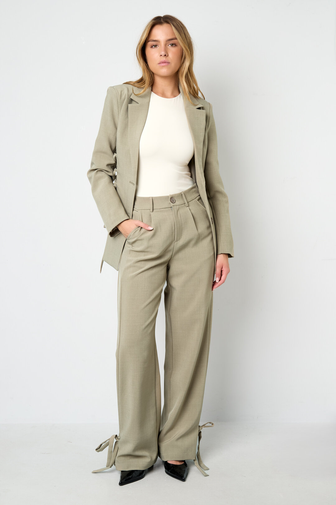 Woven Polyester Fiber Women's Straight Pants Casual Tie-up h5 Picture10