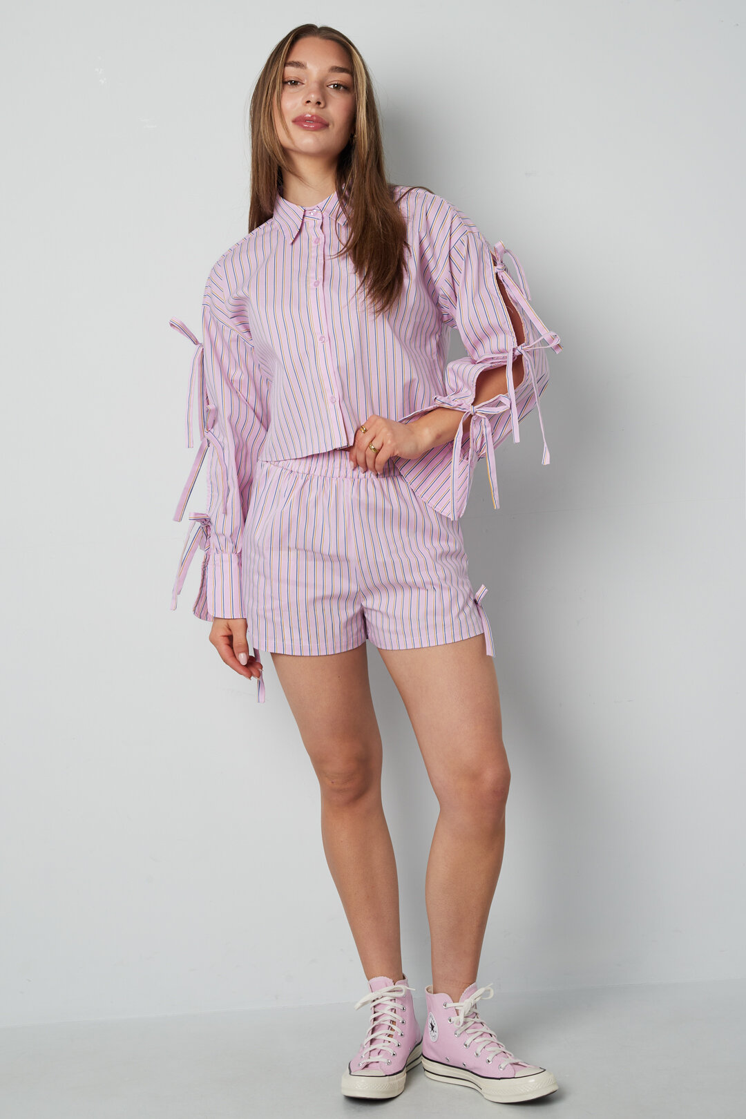 Cotton Woven Women's Shorts Casual Stripes Tie-up Picture5