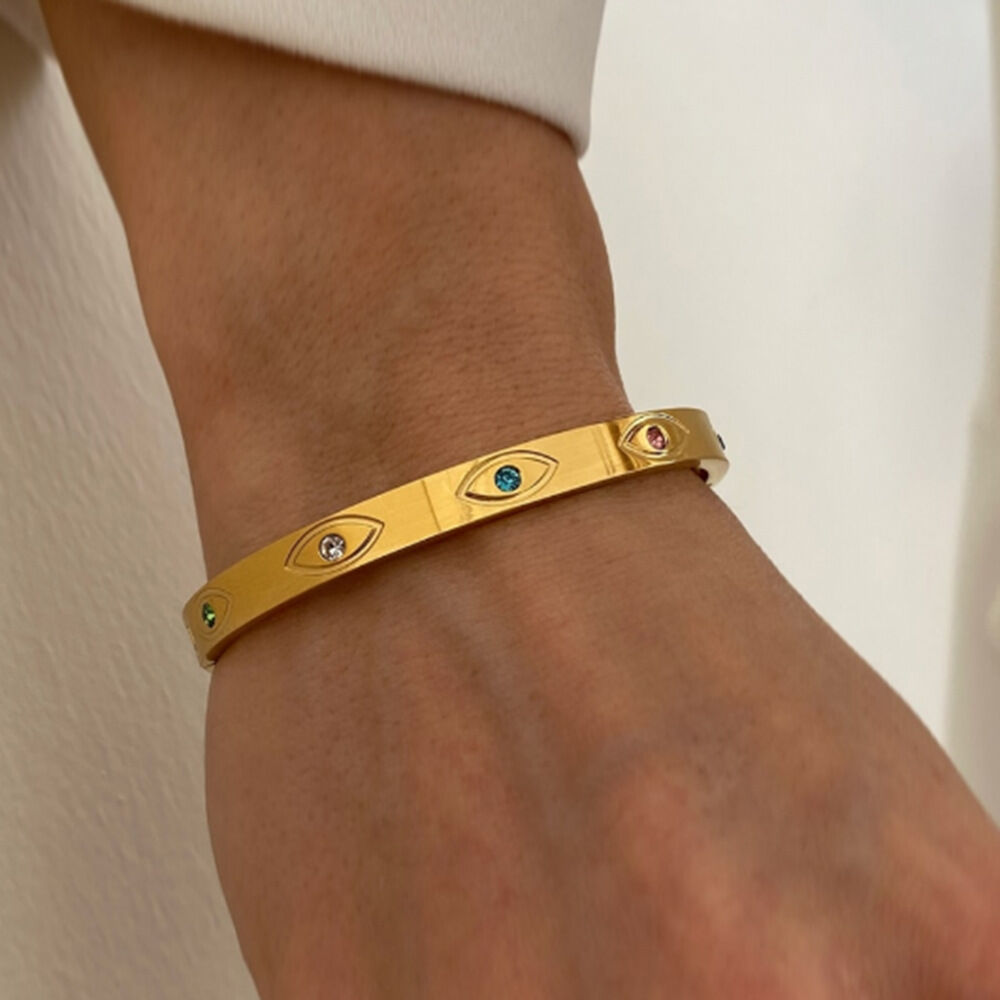 1 Stück schlichter, geometrischer Retro-Stil, Edelstahl, 18 Karat vergoldet, mit Zirkonia-Inlay, offene Armreifen für Damen h5Bild8