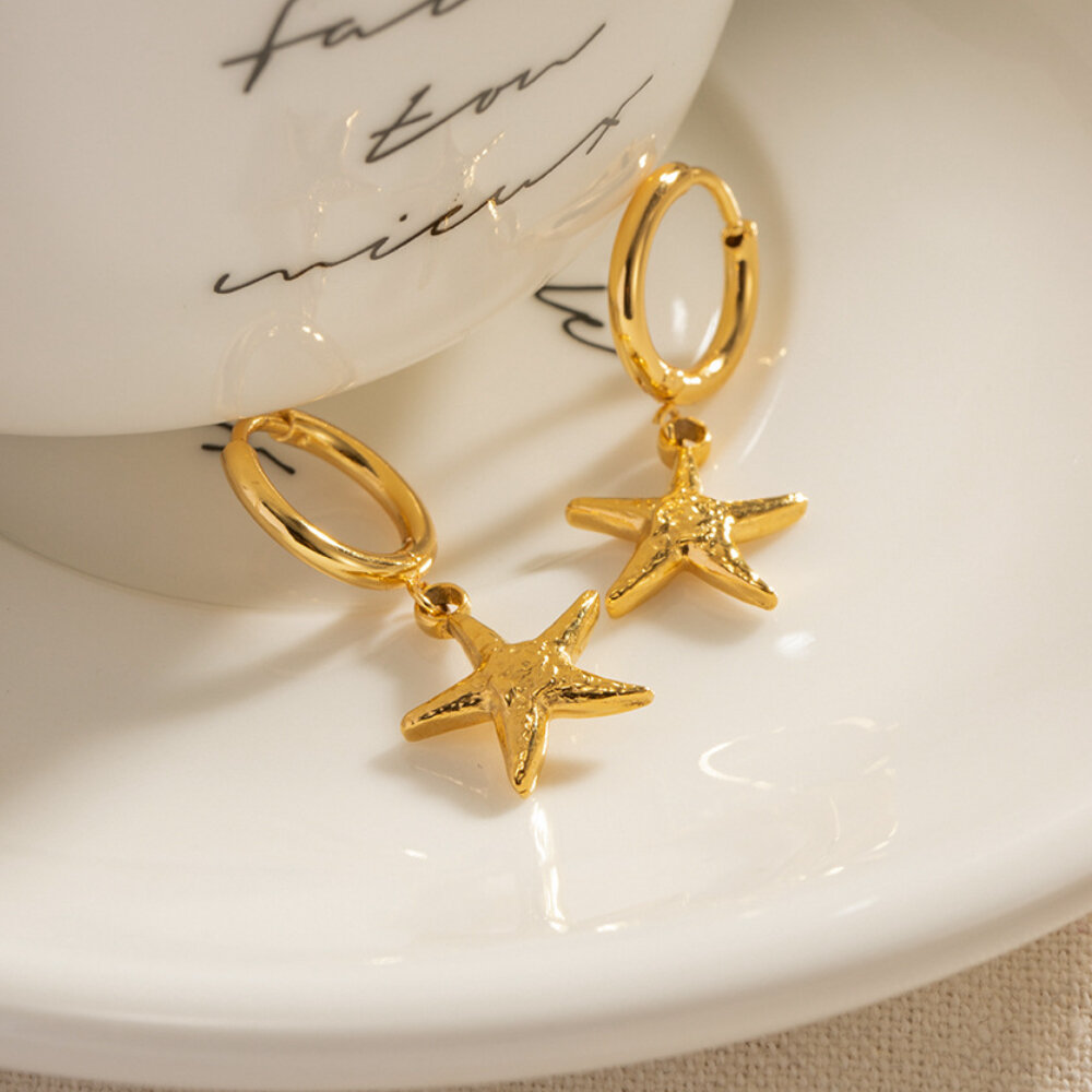 Orecchini pendenti a forma di stella marina in acciaio inossidabile oro 18K, stile retrò francese, alla moda, da donna, versatili, in acciaio al titanio, resistenti allo sbiadimento