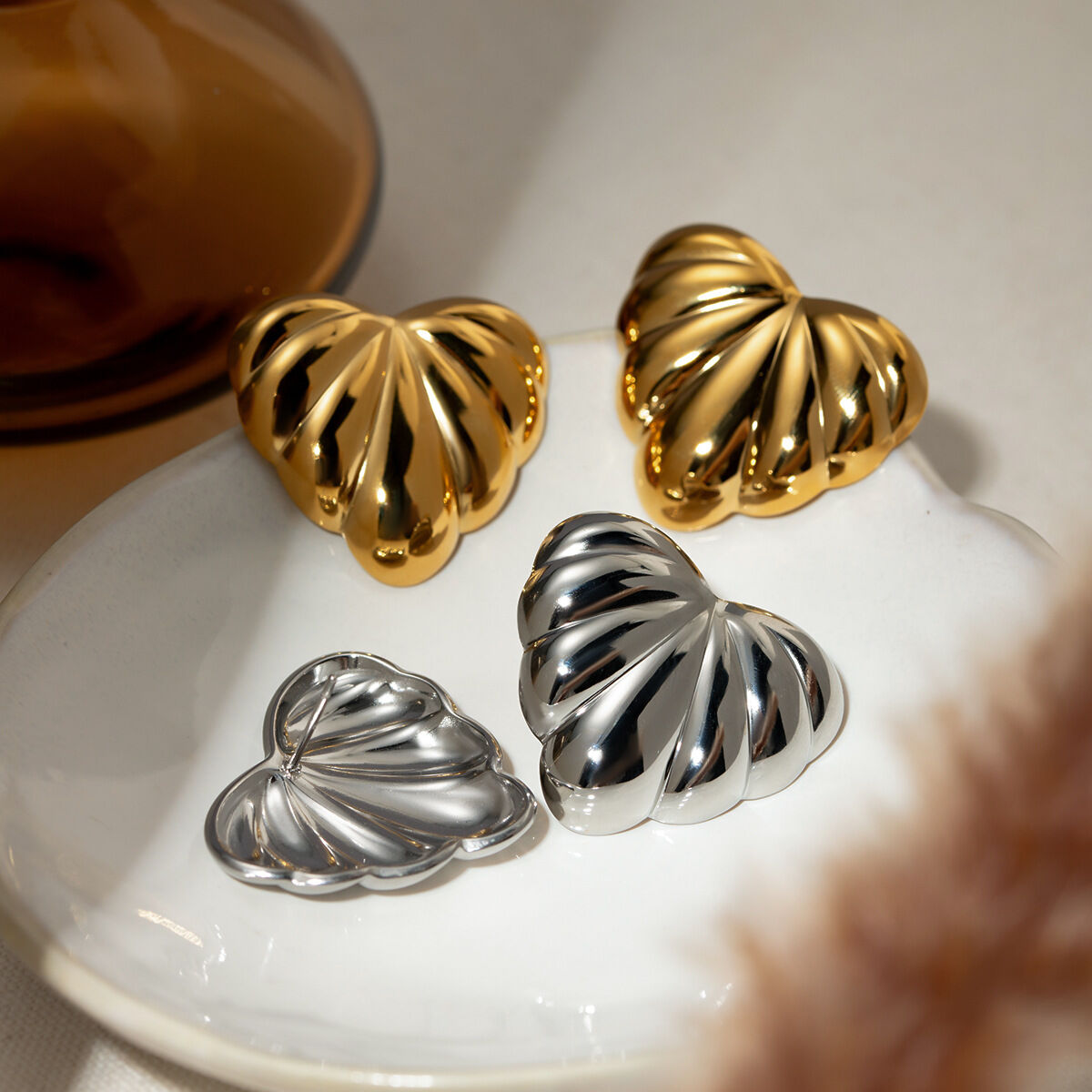 1 Pair Puff Heart Shape Stainless Steel Waterproof Stud Earrings