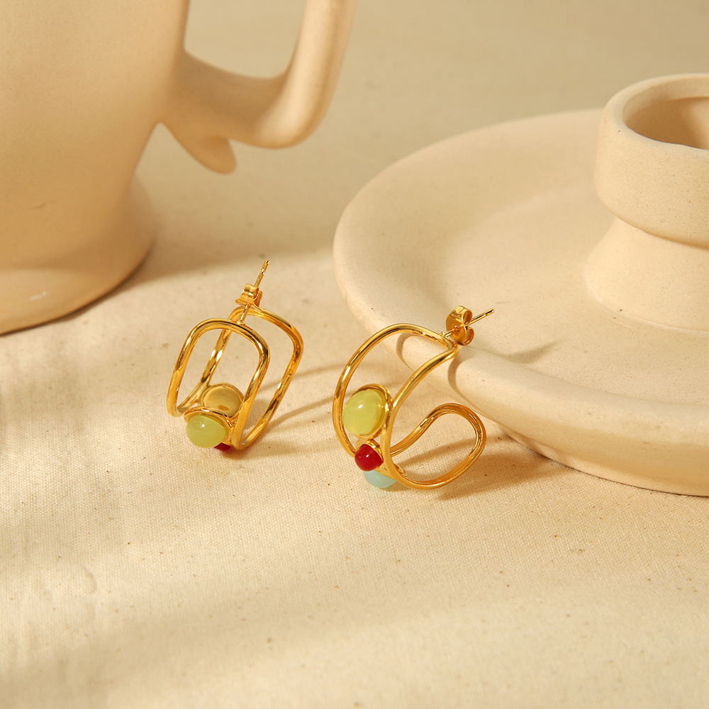 1 pair of creative and fashionable  gold-plated stainless steel hollow geometric gemstone earrings for women for daily wear h5 Picture5