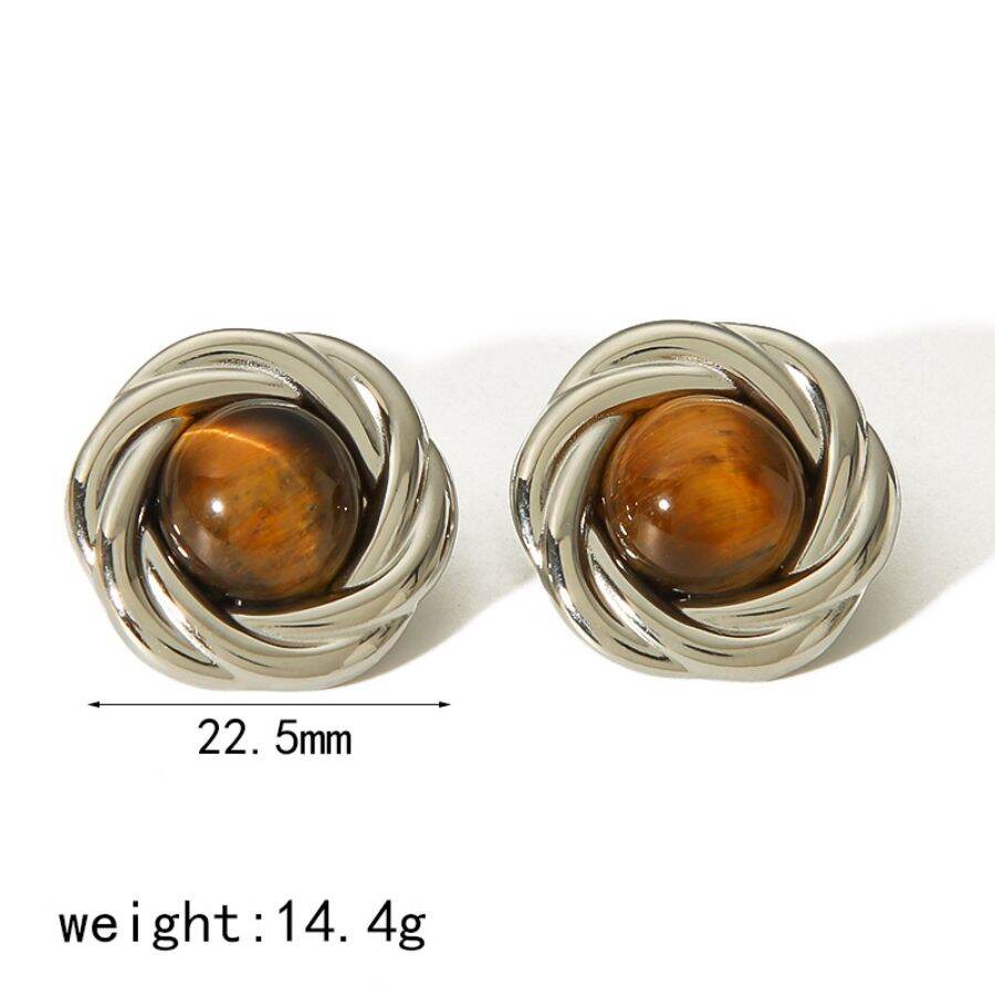 1 pair of stylish and elegant gold-plated stainless steel geometric round inlaid tiger eye stone earrings for women's jewelry for daily wear h5 Picture8