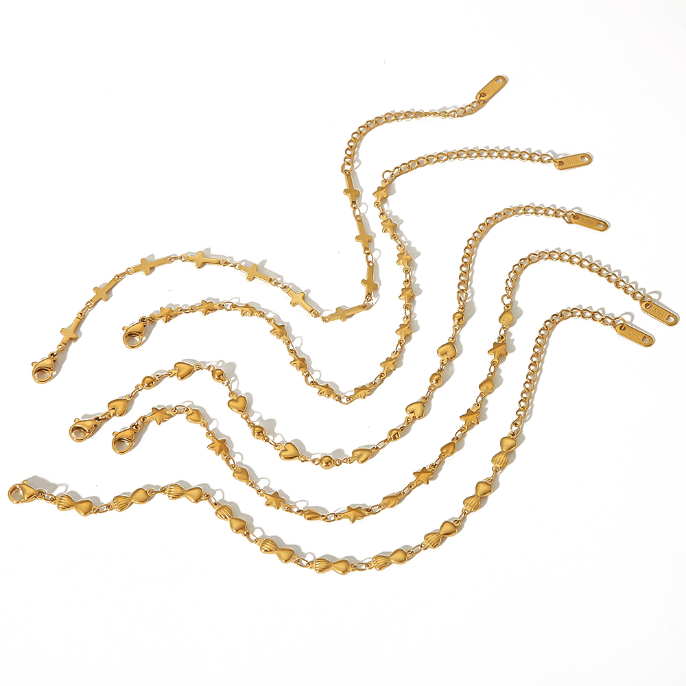1 paire de bracelets élégants et simples en acier inoxydable plaqué or  avec chaîne en forme d'étoile et de croix pour femme, bijoux à porter au quotidien h5 Image5