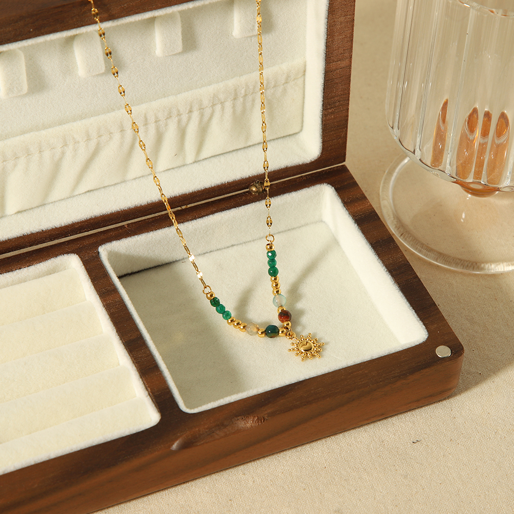1 piece exquisite fashion  gold-plated stainless steel sun pendant colorful bead necklace women's jewelry daily wear 2