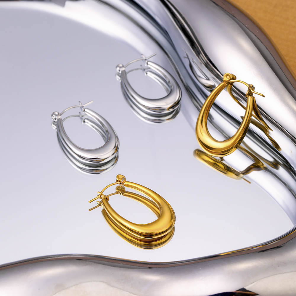 1 pair simple series simple geometric stainless steel  gold plated women hoop earrings 2