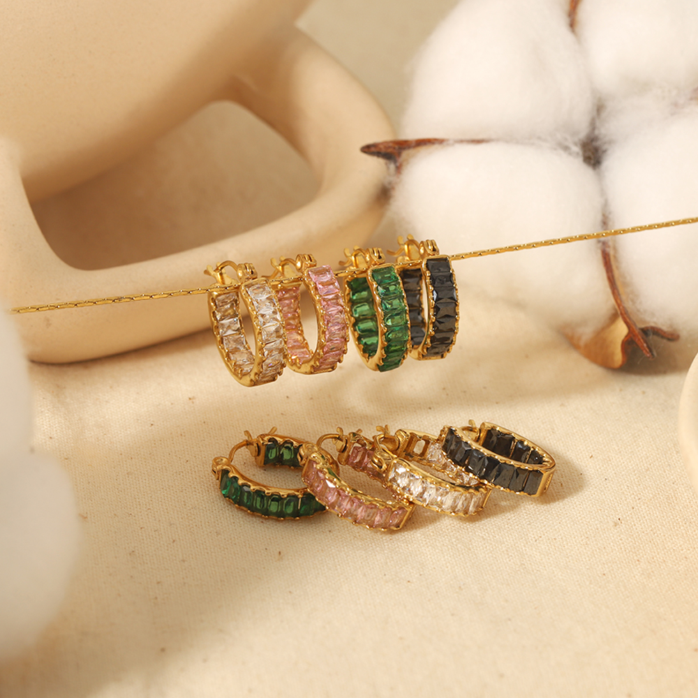 1 pair of elegant and fashionable  gold-plated stainless steel colorful rectangular zircon hoop earrings for women jewelry daily wear 2