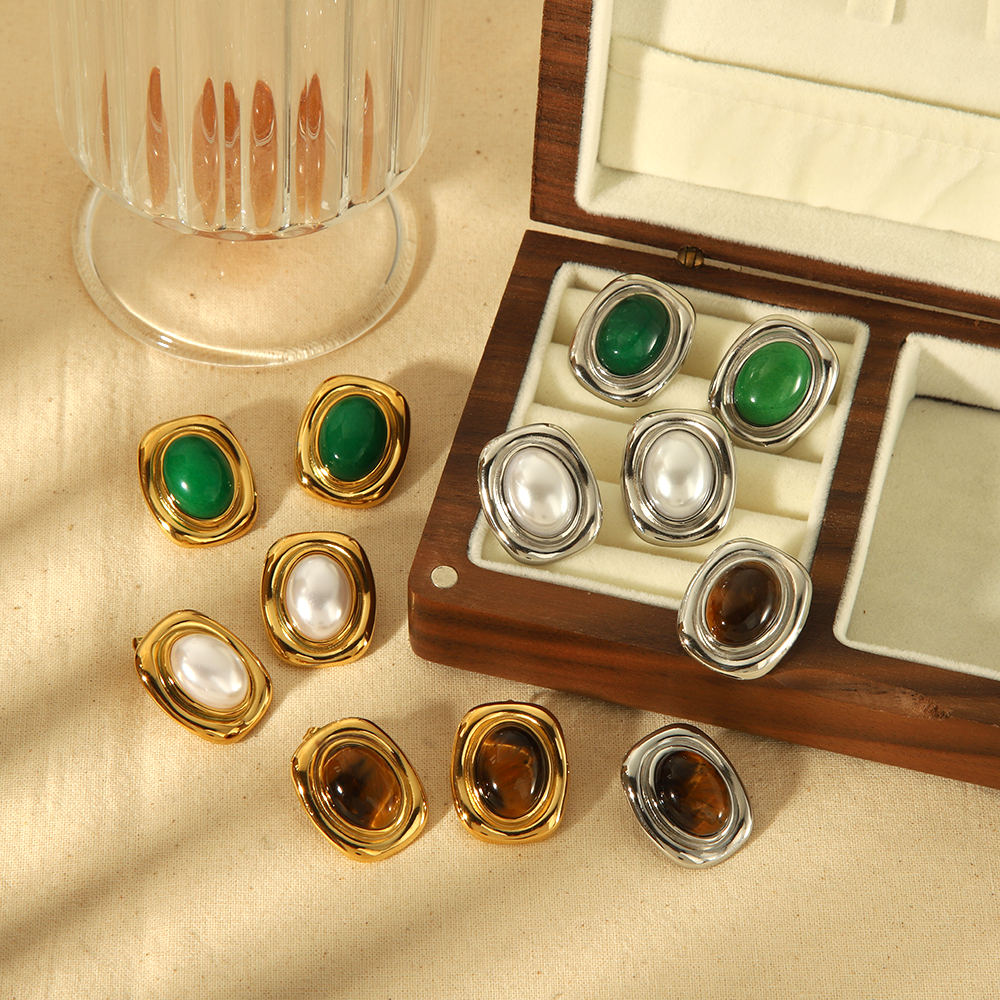 1 pair of classic  gold-plated stainless steel square geometric tiger eye stone earrings for women's daily wear 2