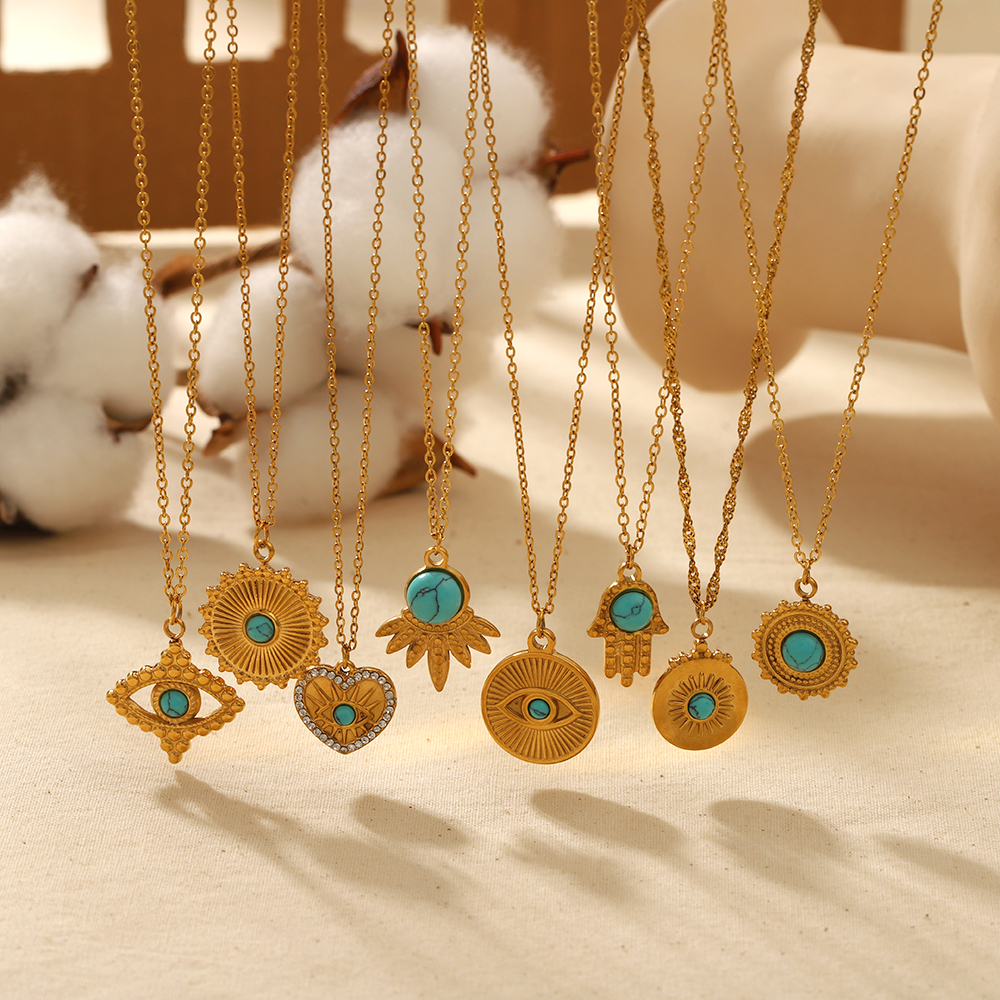 1 Stück klassische, modische Halskette mit türkisfarbenem geometrischem Anhänger aus 18 Karat vergoldetem Edelstahl für Damen, Schmuck für den Alltag 2
