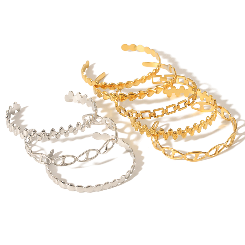 1 pezzo di bracciale ovale aperto geometrico a forma di cuore cavo in acciaio inossidabile placcato oro 18k, semplice e alla moda, per gioielli da donna da indossare ogni giorno Immagine7