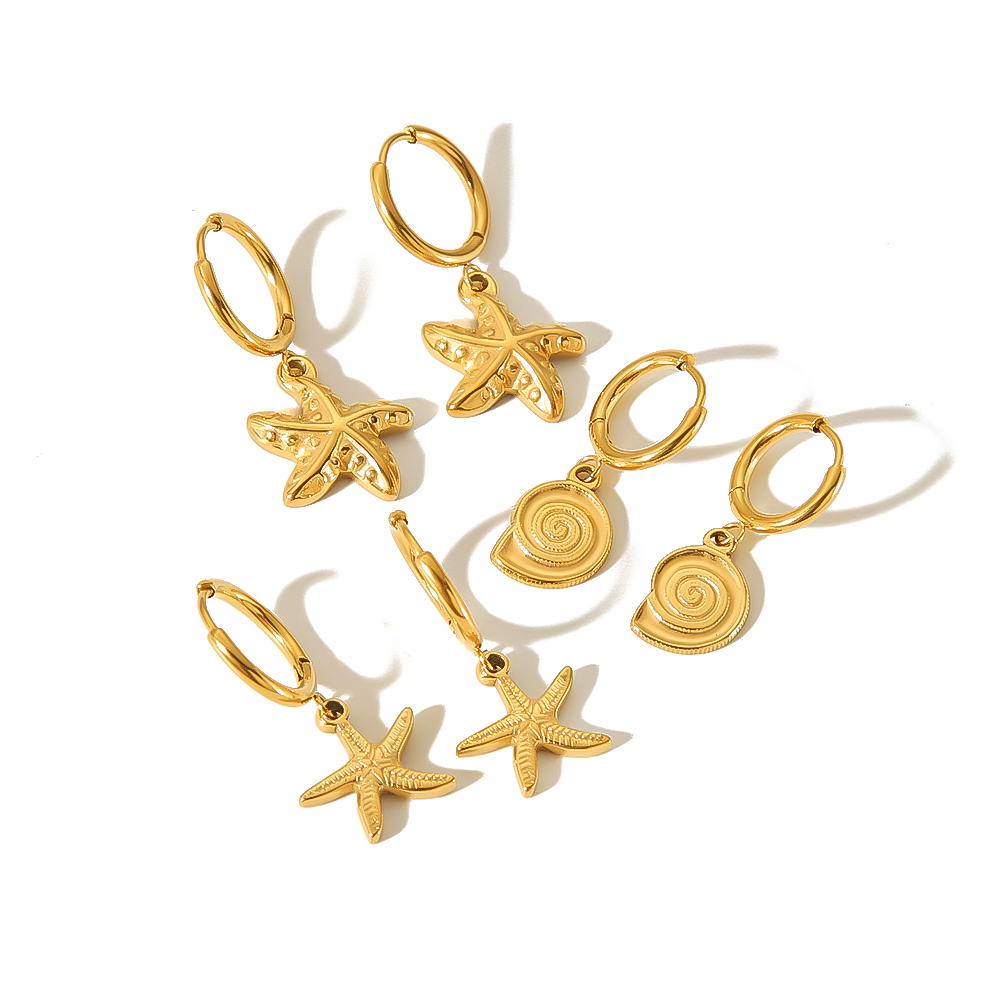 1 par de pendientes colgantes de estrella de mar de acero inoxidable chapados en oro de 18 quilates creativos y modernos para mujer para uso diario 2