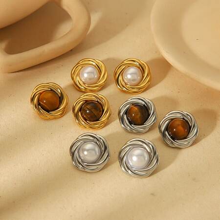 1 pair of stylish and elegant gold-plated stainless steel geometric round inlaid tiger eye stone earrings for women's jewelry for daily wear