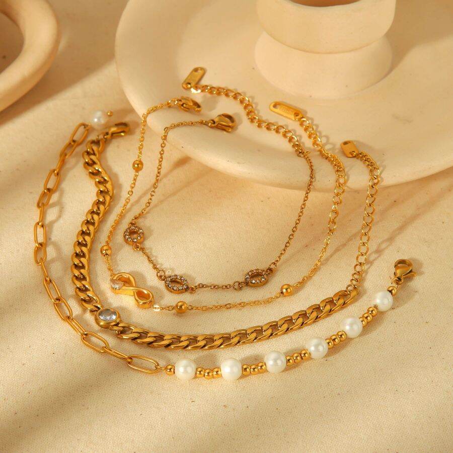 1 pieza de elegante pulsera clásica de cadena cubana de perlas de acero inoxidable chapada en oro de  para mujer, joyería para uso diario h5 Imagen4