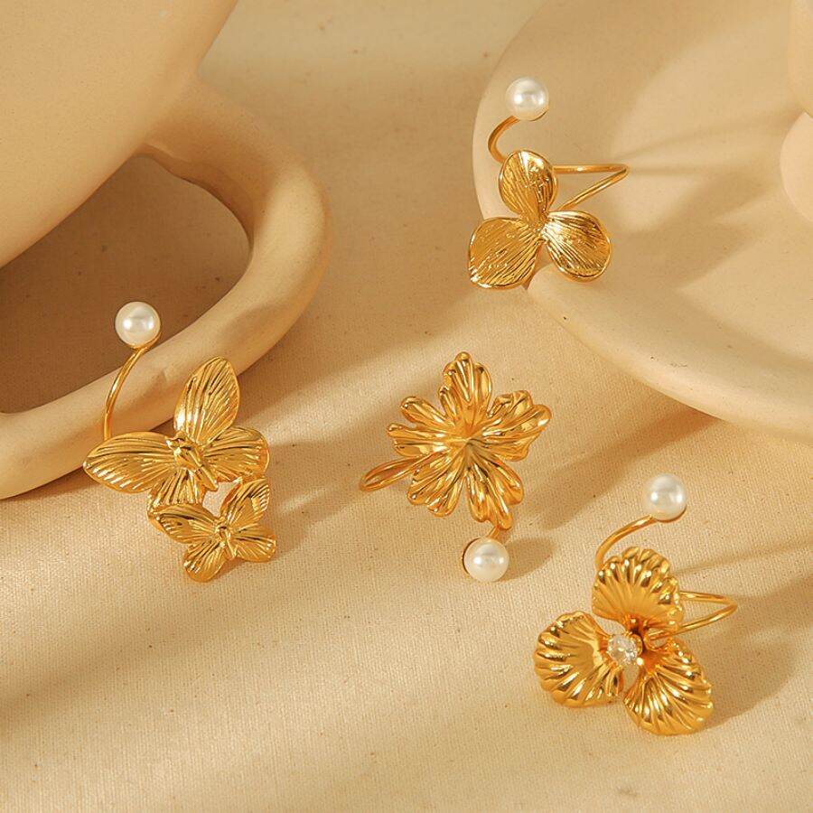 1 piece of exquisite and elegant  gold-plated stainless steel irregular flower butterfly pearl open ring for women's jewelry for daily wear h5 Picture5