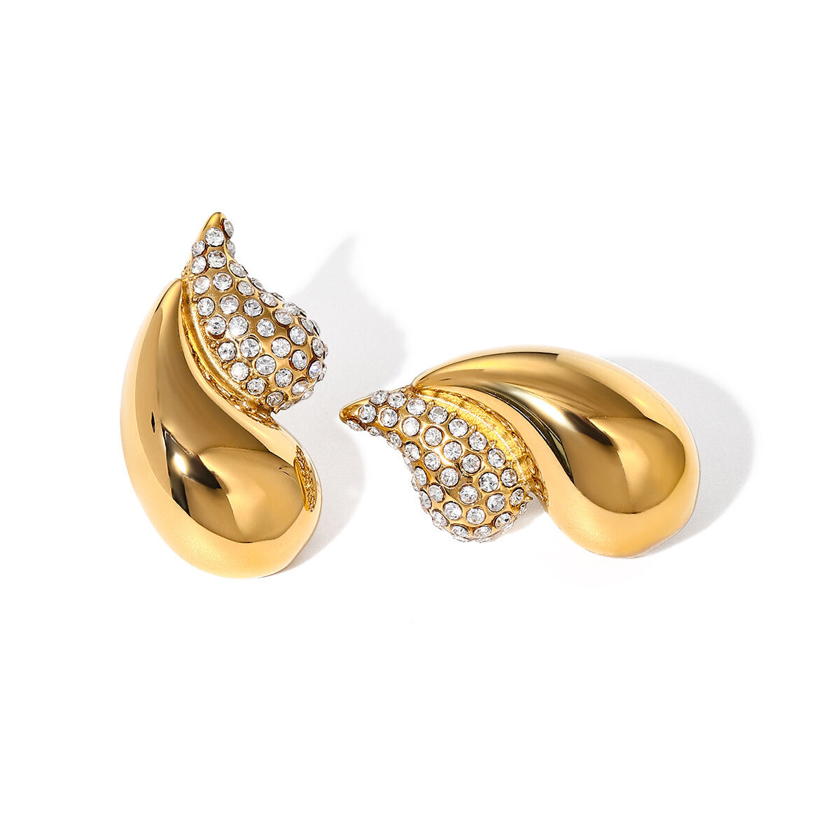   new  gold stainless steel/chubby double-layer teardrop-shaped diamond earrings are divided into left and right sides 2