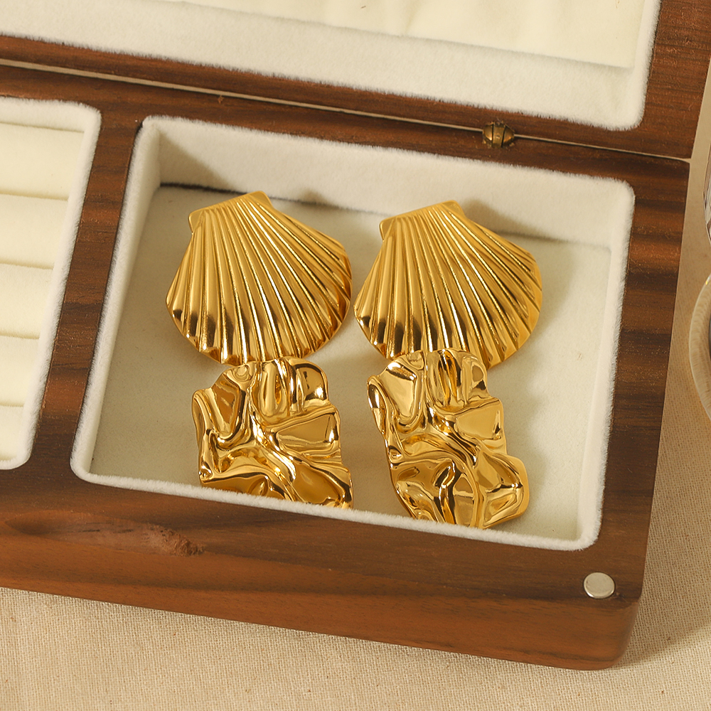 1 pair of creative and fashionable  gold-plated stainless steel geometric shell texture earrings for women for daily wear 2