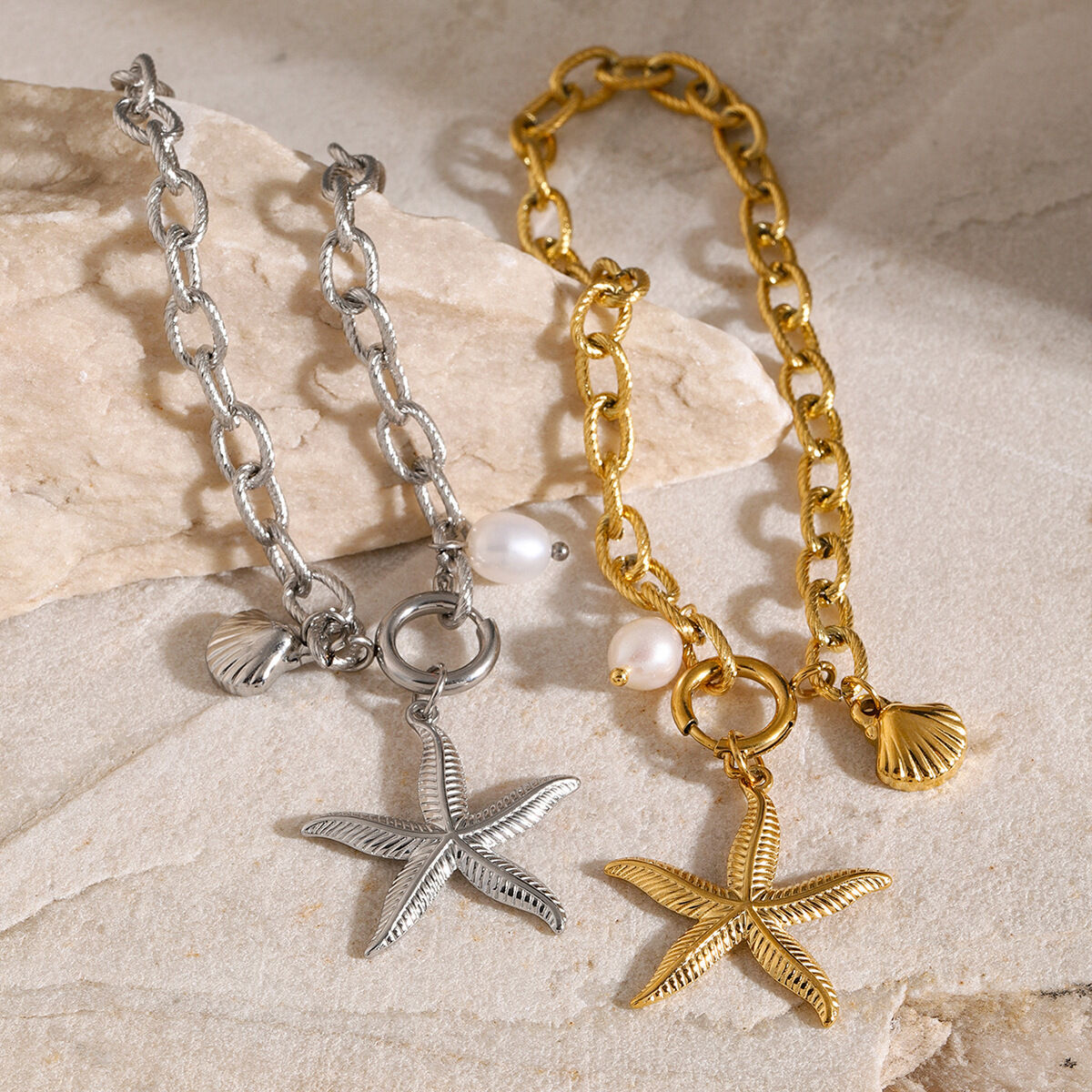 bracciale in acciaio inossidabile con conchiglia di stella marina in oro 18k , nuova serie estiva europea e americana, bracciale in acciaio al titanio Immagine6