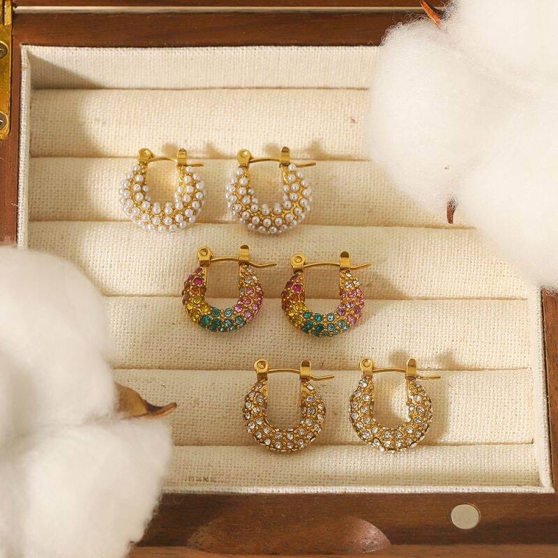 1 pair of exquisite and fashionable  gold-plated stainless steel colored zircon pearl earrings for women for daily wear