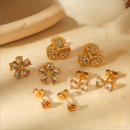 Sweet Flower Shape Stainless Steel Waterproof Gold Color Women's Studs Earrings
