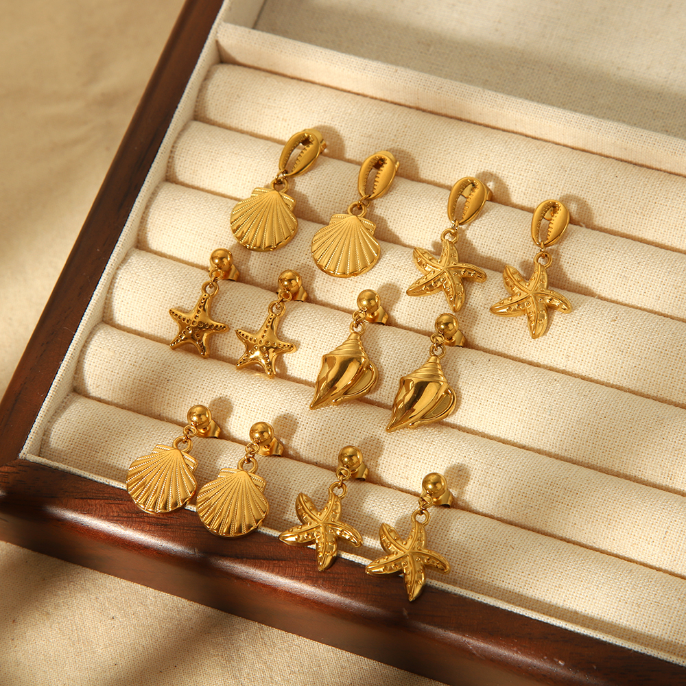 1 paire de boucles d'oreilles pendantes en forme d'étoile de mer en acier inoxydable plaqué or , élégantes et classiques, pour femmes, à porter au quotidien h5 Image3