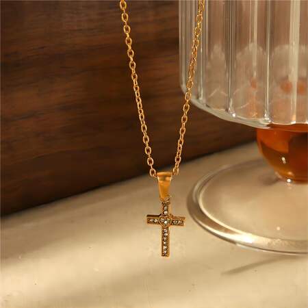 1 pezzo di semplice collana classica in acciaio inossidabile placcato oro 18k con croce a forma di cuore e diamanti per l'uso quotidiano delle donne